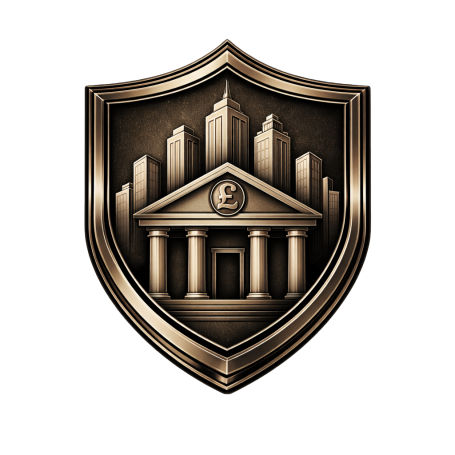 Bronze shield depicting a bank building with columns and city's skyline.