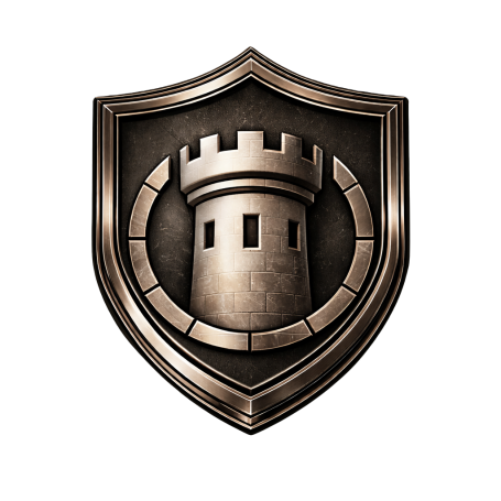 Bronze shield emblem featuring a castle tower design.