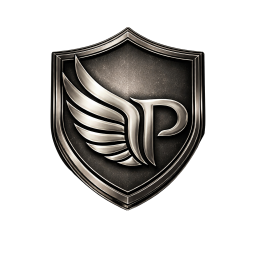 Metallic shield emblem with a stylised wing and letter P on a dark background